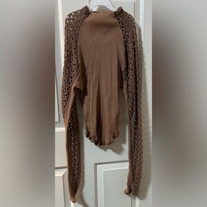 Free People Clement Brown Knit Top with Long Raglan Crochet Sleeves